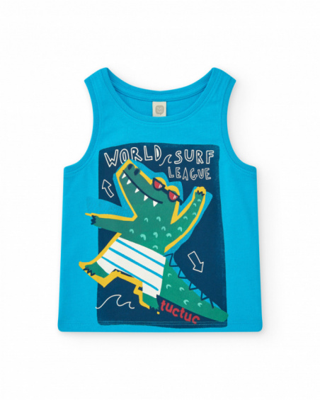 T-shirt senza maniche per bambino blu con stampa di coccodrillo