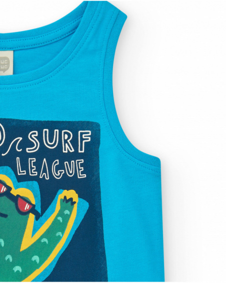 T-shirt senza maniche per bambino blu con stampa di coccodrillo