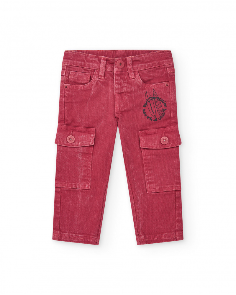 Pantaloni in maglia per bambino rosso con effetto sbiadito e tasche