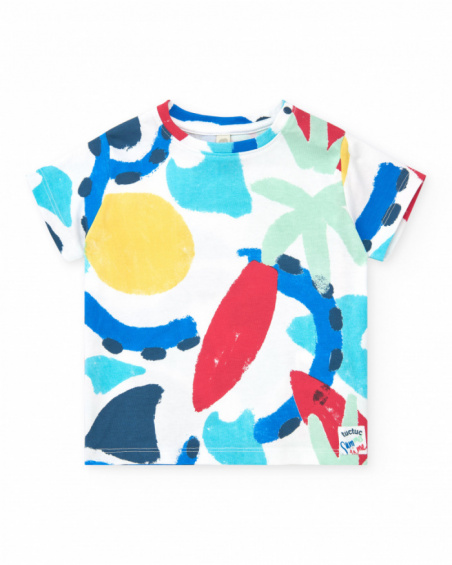 Completo per bambino con t-shirt stampata e bermuda blu regolabili