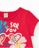 Vestito per bambina rosso con gonna floreale e dettagli di paillettes Vestito per bambina rosso con gonna floreale e dettagli di paillettes