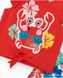 Completo per bambina con t-shirt rossa con granchio e pantaloncini floreali
