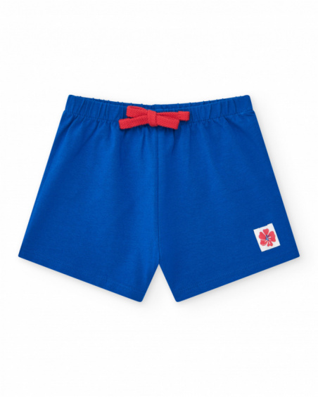 Pantaloncini per bambina blu con vita elastica e fiocco rosso