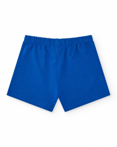 Pantaloncini per bambina blu con vita elastica e fiocco rosso