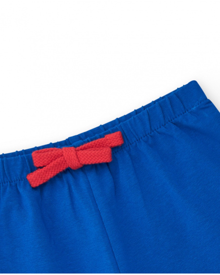 Pantaloncini per bambina blu con vita elastica e fiocco rosso