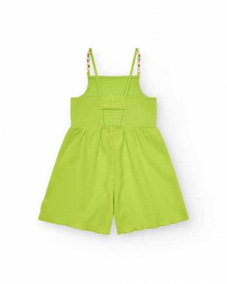 Tuta per bambina in verde con spalline e dettagli multicolori.