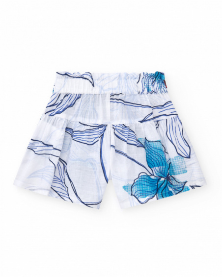 Pantaloncini per bambina in bianco con vita elastica e fiocco decorativo.