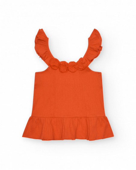 Maglietta per bambina in arancione con volant e ricami.