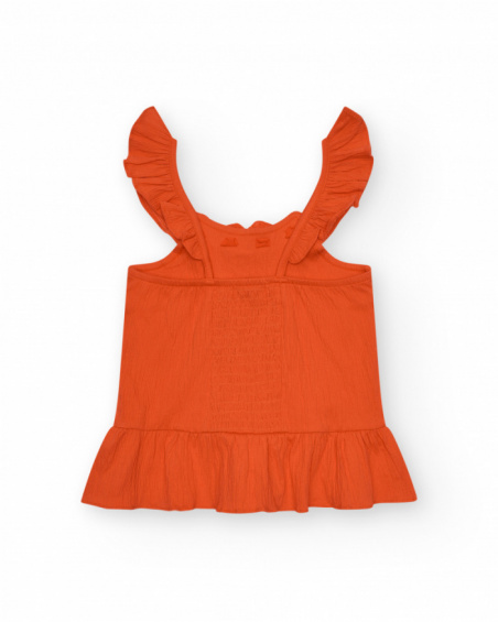 Maglietta per bambina in arancione con volant e ricami.