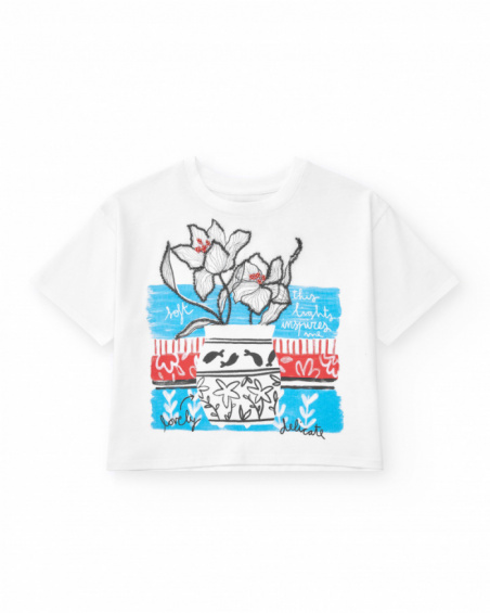 Maglietta a maniche corte per bambina in bianco con stampa floreale.