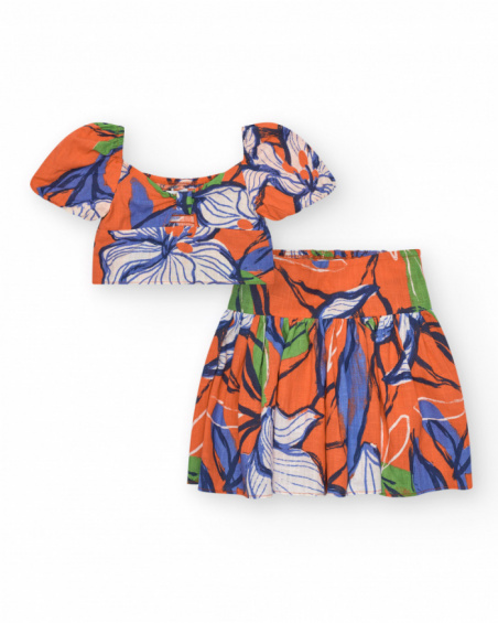Set con camicia corta e gonna per bambina in arancione e blu con stampa floreale.