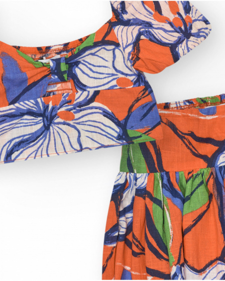 Set con camicia corta e gonna per bambina in arancione e blu con stampa floreale.