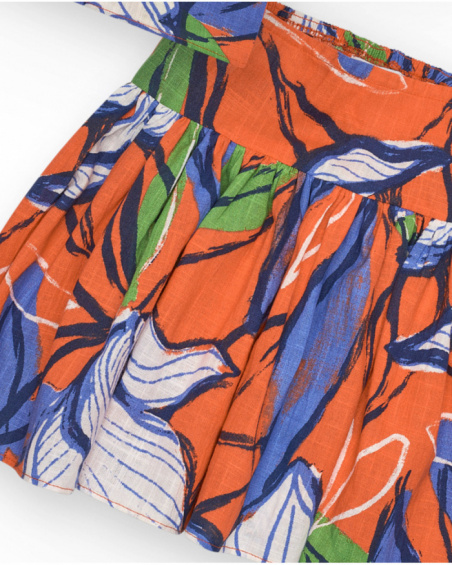 Set con camicia corta e gonna per bambina in arancione e blu con stampa floreale.