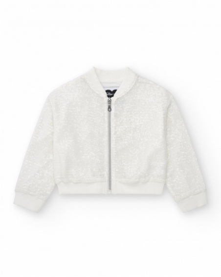 Giacca per bambina in bianco con paillettes e chiusura frontale con zip.