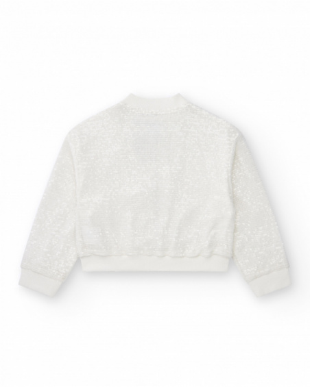 Giacca per bambina in bianco con paillettes e chiusura frontale con zip.