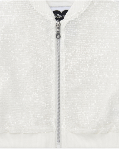 Giacca per bambina in bianco con paillettes e chiusura frontale con zip.