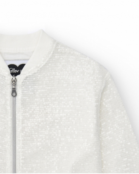 Giacca per bambina in bianco con paillettes e chiusura frontale con zip.