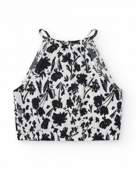 Top per bambina in bianco con spalline e stampa floreale.