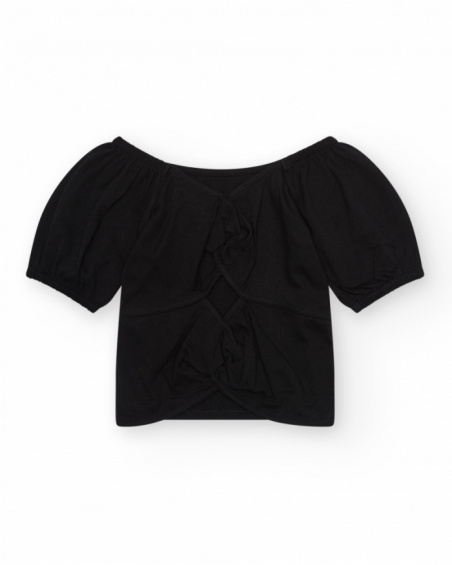 Maglietta a maniche corte per bambina in nero con maniche a sbuffo.