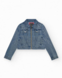 Giacca di jeans per bambina in blu con dettagli brillanti e tasche frontali