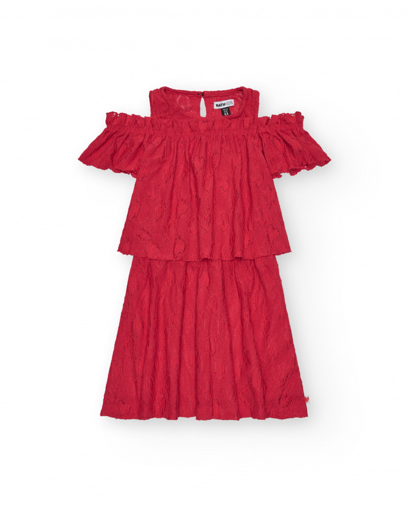 Vestito per bambina in rosso con volant e spalle scoperte