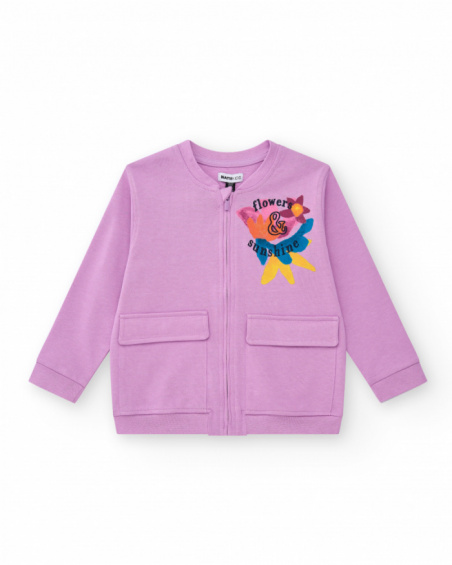 Felpa per bambina in lilla con tasche frontali e cerniera.