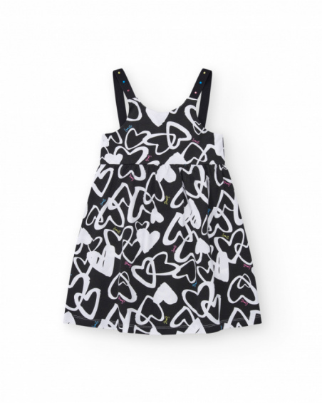 Vestito per bambina in nero con spalline regolabili e applicazioni.