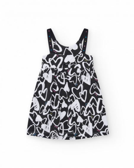 Vestito per bambina in nero con spalline regolabili e applicazioni.