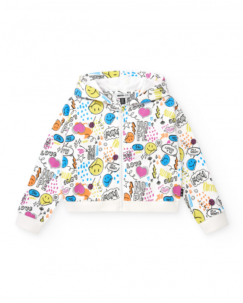 Felpa per bambina in bianco con cappuccio e cerniera.
