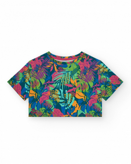 Maglietta per bambina in blu a maniche lunghe con stampa tropicale.