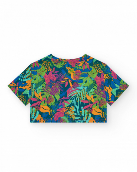 Maglietta per bambina in blu a maniche lunghe con stampa tropicale.
