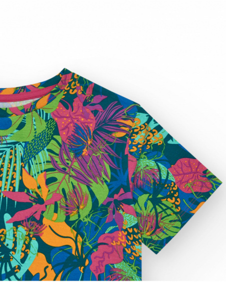 Maglietta per bambina in blu a maniche lunghe con stampa tropicale.