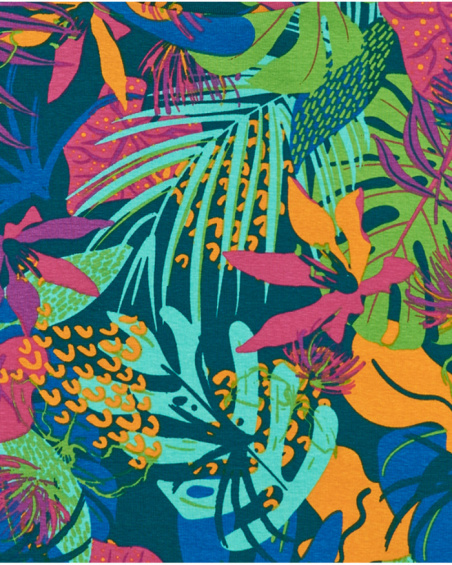 Maglietta per bambina in blu a maniche lunghe con stampa tropicale.