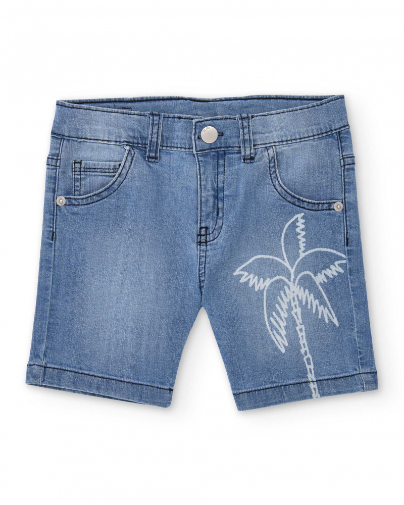 Bermuda vaquera para niño en azul con estampado de palmera