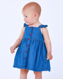 Vestito in denim per bambina con volant e bottoni rossi | tuc tuc