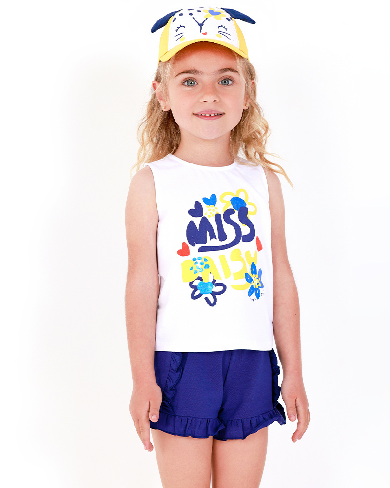 Completo per bambina con t-shirt floreale e pantaloncini blu