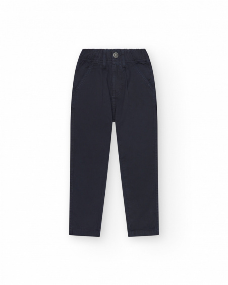 Pantaloni blu navy per bambino con vita regolabile e tasche laterali.