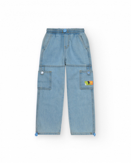 Pantaloni cargo in denim chiaro per bambino con tasche e orli regolabili.