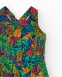 Vestito per bambina con stampa tropicale multicolore e spalline incrociate.