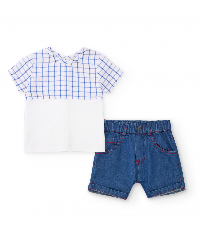 Completo da bambino bianco e blu con maglietta a quadri e pantaloncini in denim