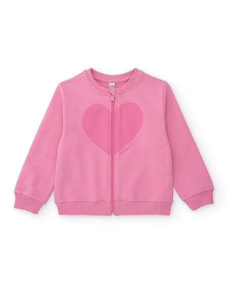 Felpa rosa per bambina con zip e stampa a cuore Felpa rosa per bambina con zip e stampa a cuore