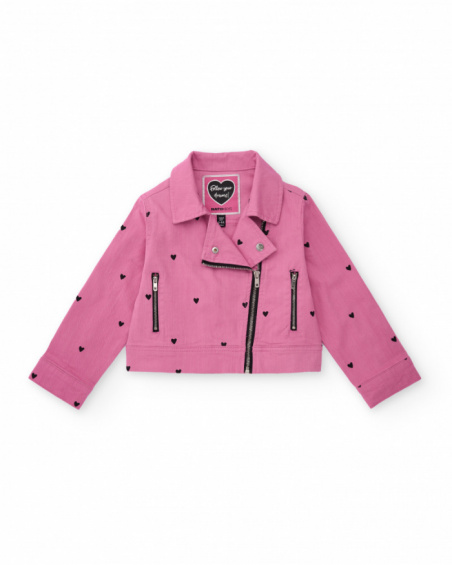 Giacca biker bambina in rosa con stampa di cuori