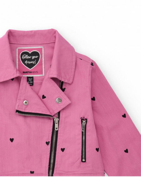Giacca biker bambina in rosa con stampa di cuori