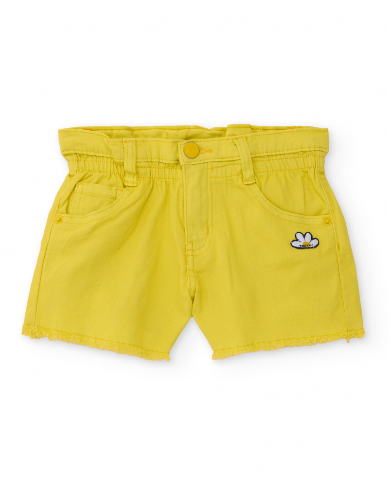 Shorts di jeans gialli per bambina con orlo sfrangiato e ricamo floreale
