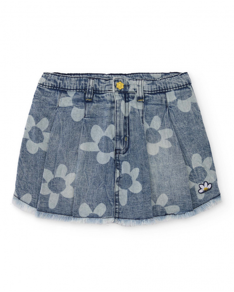 Gonna in denim per bambina blu con stampa floreale e orlo sfrangiato