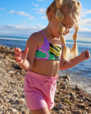 Bikini per bambina rosa con arcobaleno e spalline incrociate | tuc tuc