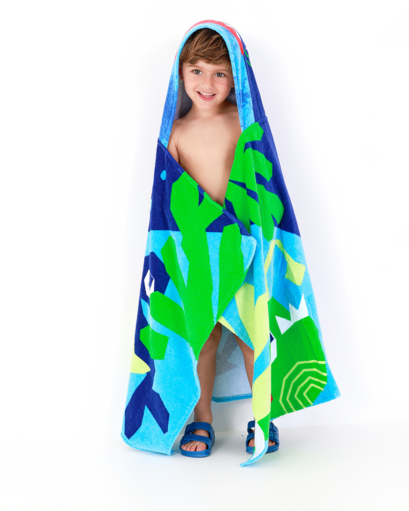 Asciugamano-poncho per bambino blu e verde con squalo