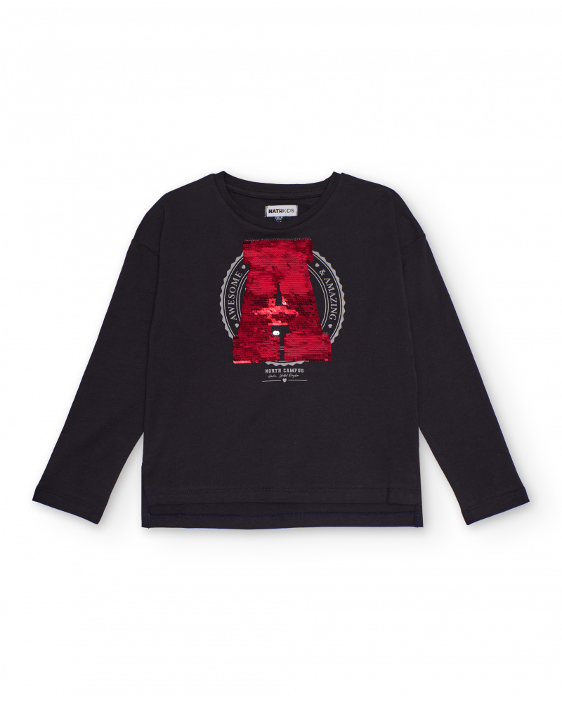 Maglietta a maniche lunghe per bambino nera con paillettes reversibili
