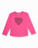 Maglietta a maniche lunghe per bambina fucsia con cuore animalier