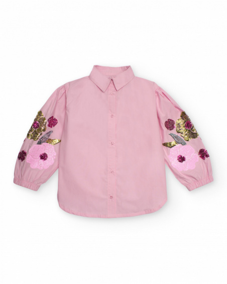 Camicia rosa per bambina con ricamo floreale sulle maniche